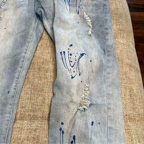 M Society Bleached Skinny Fit Rip And Tear With Splatter Jeans Size 34x30 - Picture 4 of 11